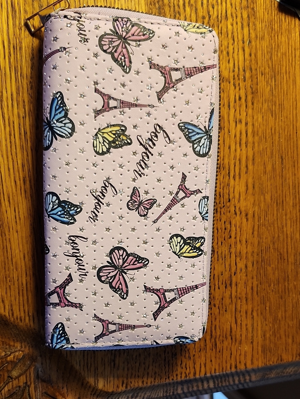 NWOT Pink Butterfly & Eiffel Tower Zip-Around Card Holder Wallet